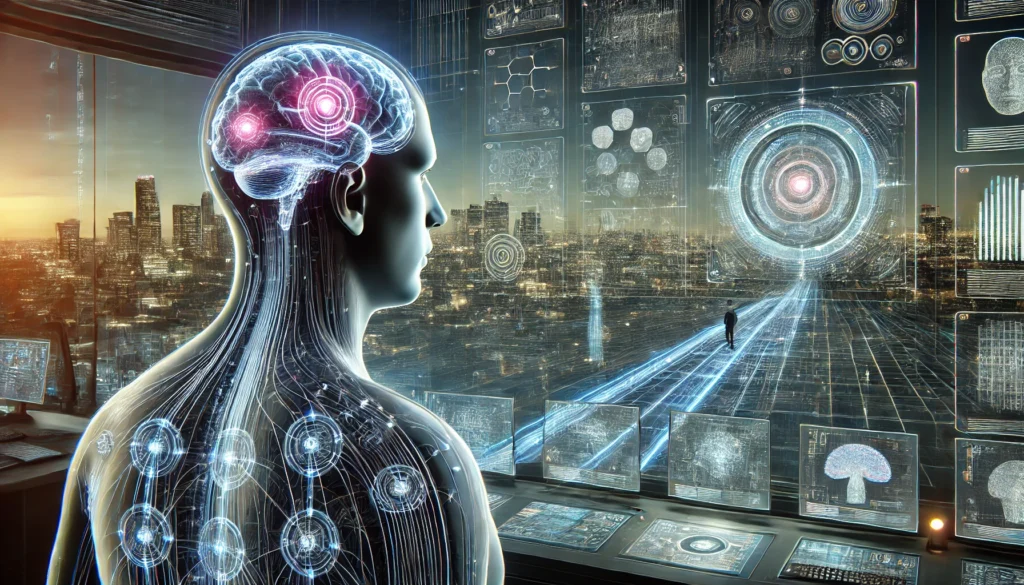 A futuristic scene of a human interacting with a brain-computer interface (BCI) in a landscape format. Show a person wearing a sleek BCI device, connected to a computer interface displaying data and digital enhancements. The environment should blend elements of human and machine, with visual cues of neural data flows, holographic screens, and a sense of direct brain-to-computer interaction. The atmosphere should be high-tech and innovative, reflecting the potential of BCIs to enhance human capabilities and bridge the gap between mind and machine.